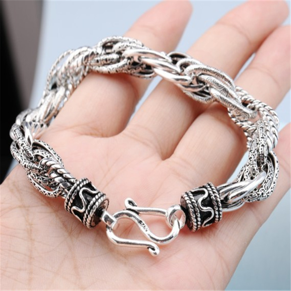Pure S925 Sterling Silver Chain Men Women Briaded Wave Link Bracelet 7.1-8.7inch