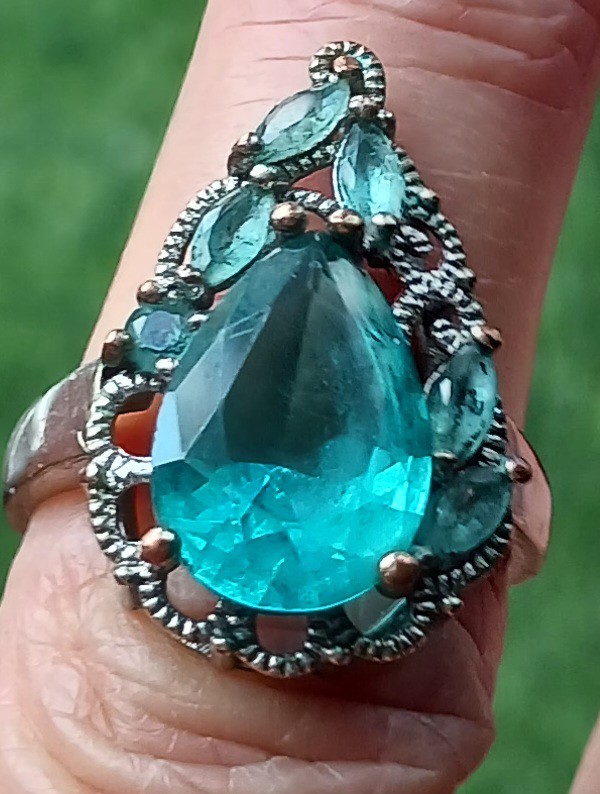 Vtg Cocktail Ring Aqua Blue Silverplate/ Silvertone Estate Ring Sz 7.75