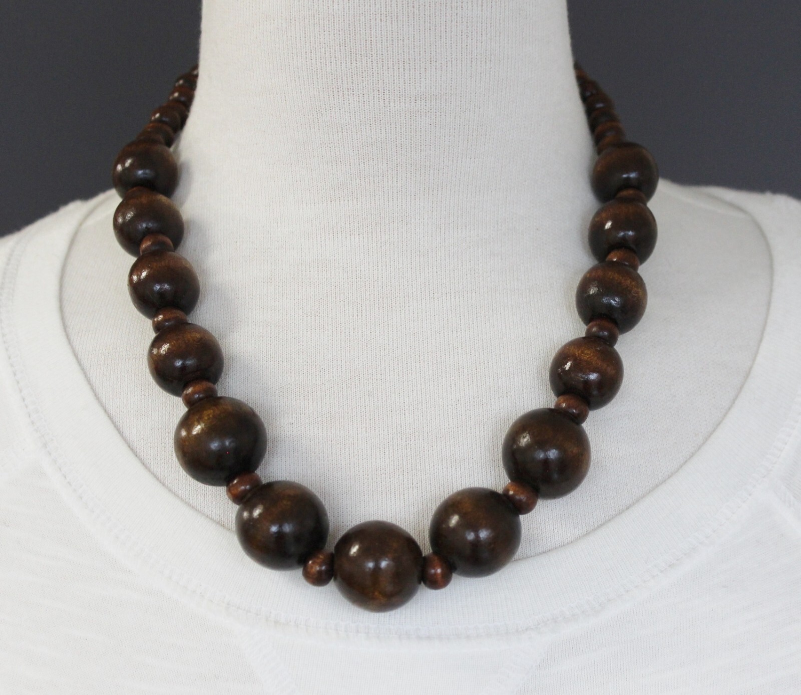 dark Brown wood necklace big chunky bead stretch 21″ long necklace beaded wooden
