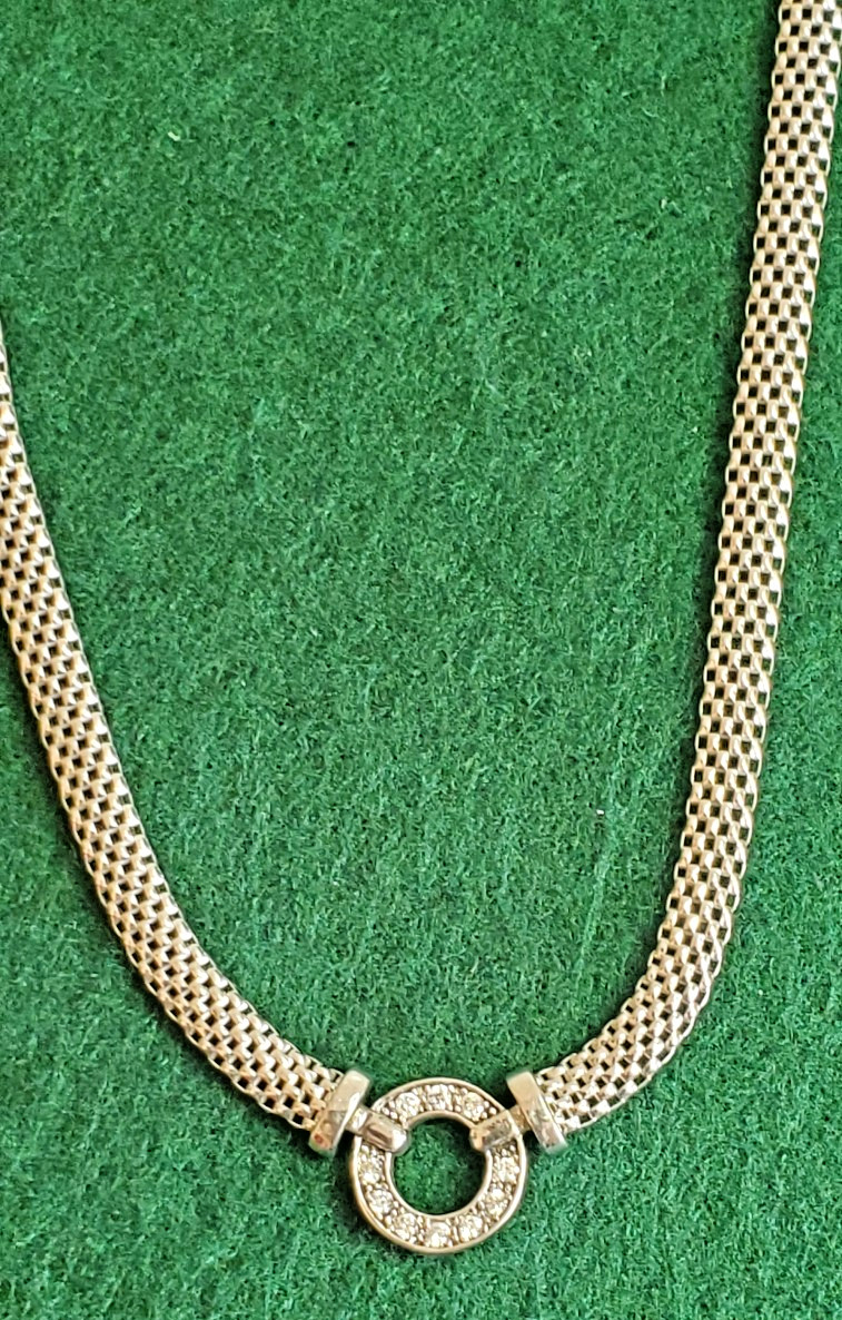 Sterling Silver Mesh Chain Necklace CZ Station Pendant 16 inches Long Made Italy