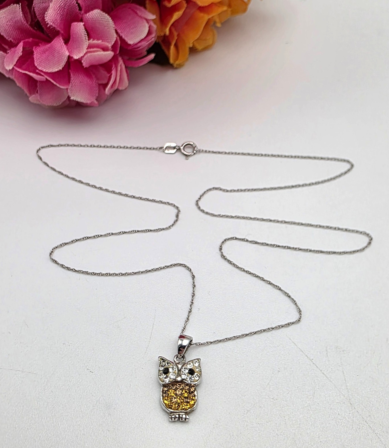 Sterling Silver Midas Turkey 925 Multicolor Crystal Owl Necklace 18″ Vintage