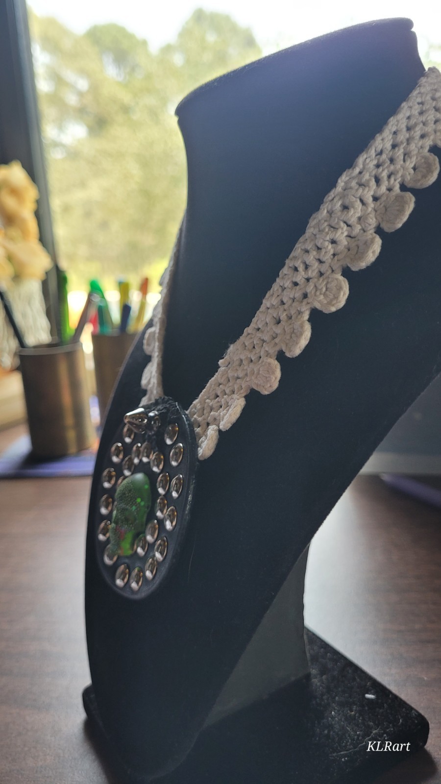 Homemade faux leather snap lace epoxy skull choker, Halloween themed