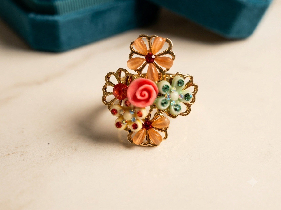 Vintage Style Floral Statement Ring Gold Tone Rhinestone Carved Rose Cocktail