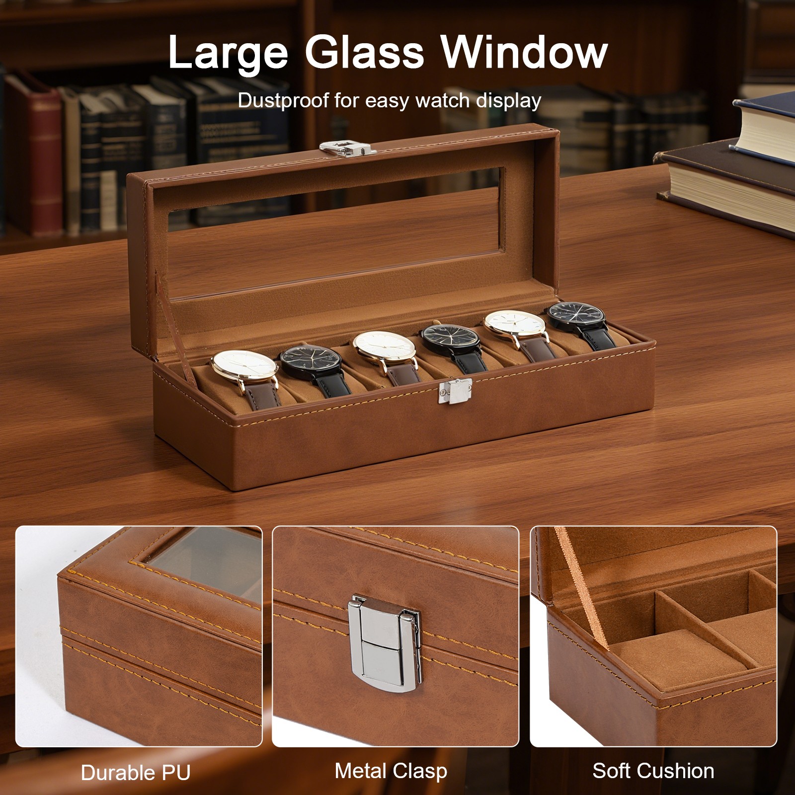 6 Slots Watch Box – PU Leather Case with Glass Lid, Display & Storage Organizer