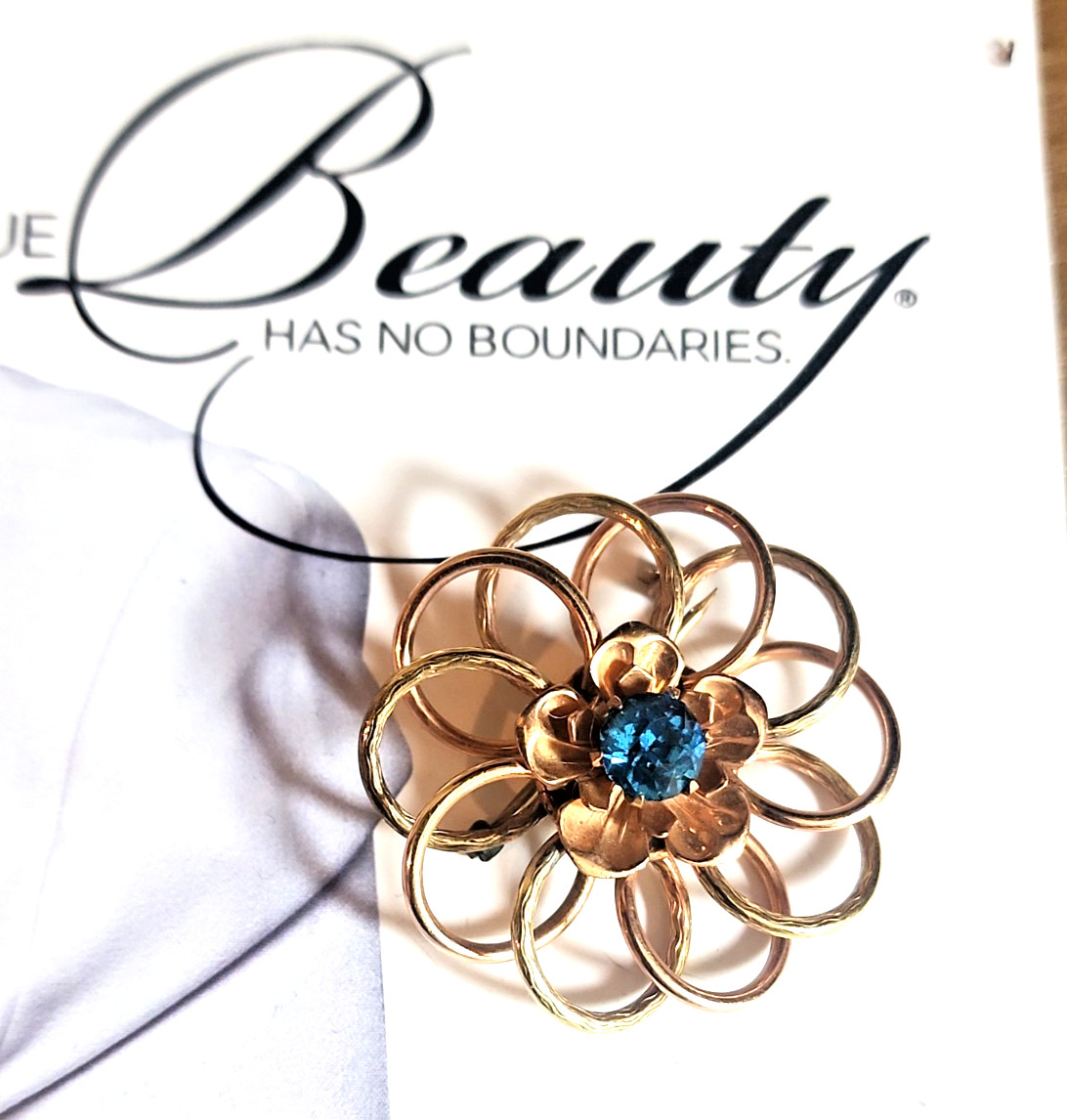 Vintage 1/20 10k Gold Filled Flower Brooch with Brilliant Blue Crystal Signed