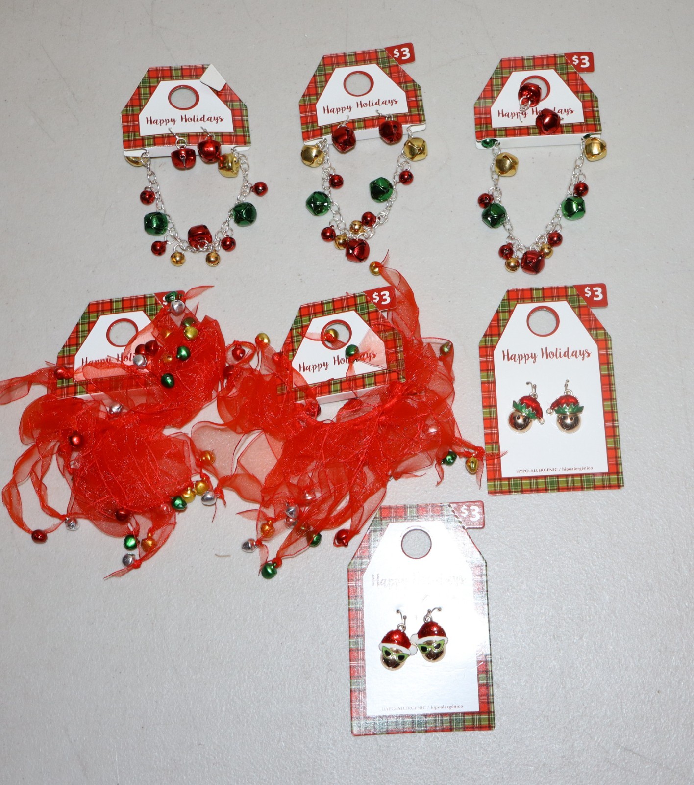 Happy Holiday Jewelry Lot of 7-Christmas Collection Earrings, Wrist Bands, Hair