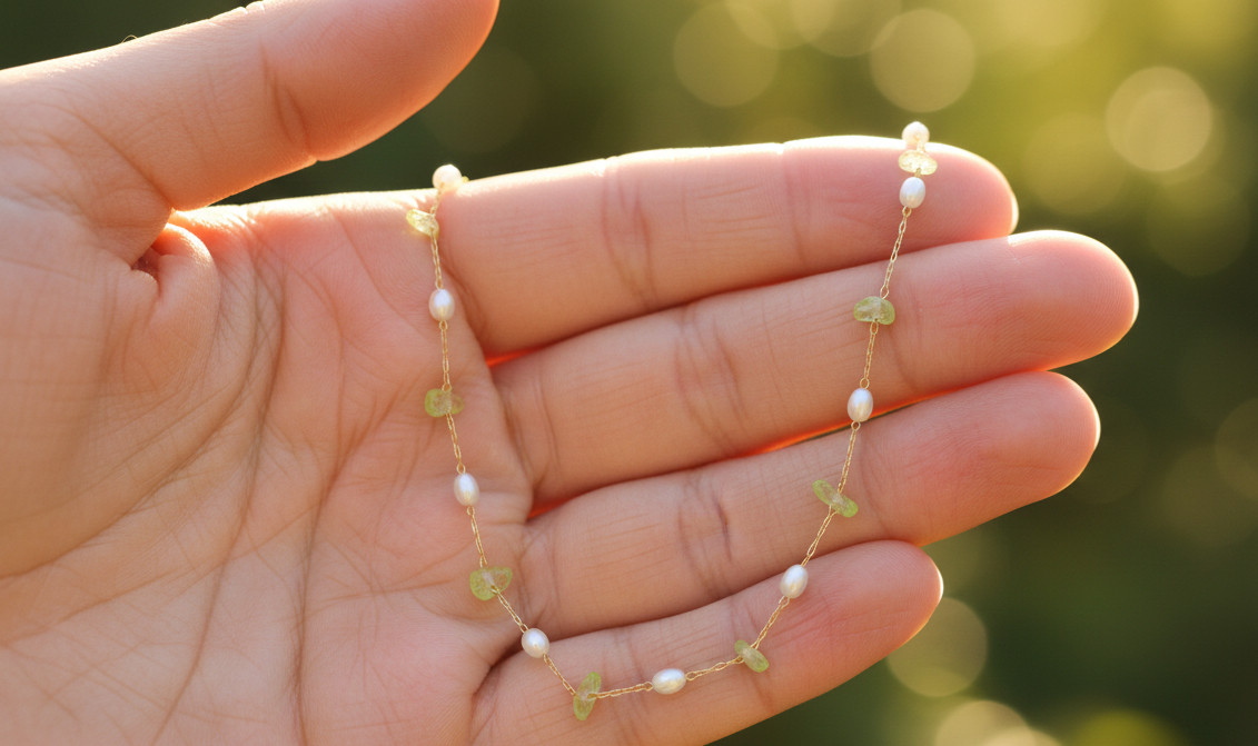 Boho Handmade Gold Color Plated Brass Anklet with Peridot and Pearl Stones