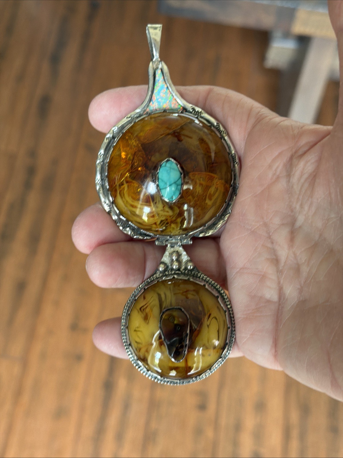 Vintage Native American Sterling Amber & Turquoise Pendant Beautiful Unique RARE