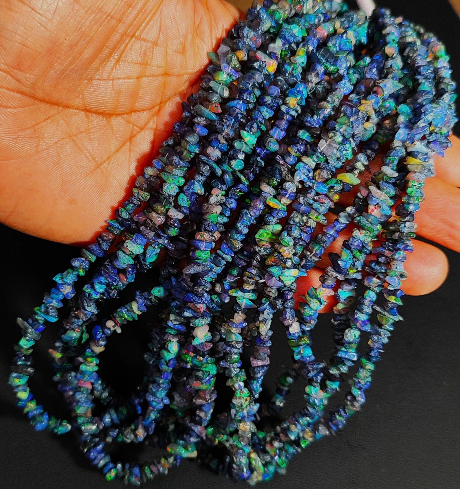 Natural Rainbow Fire Black Opal Gems 5 mm Size Chips Beads 16″ Strand