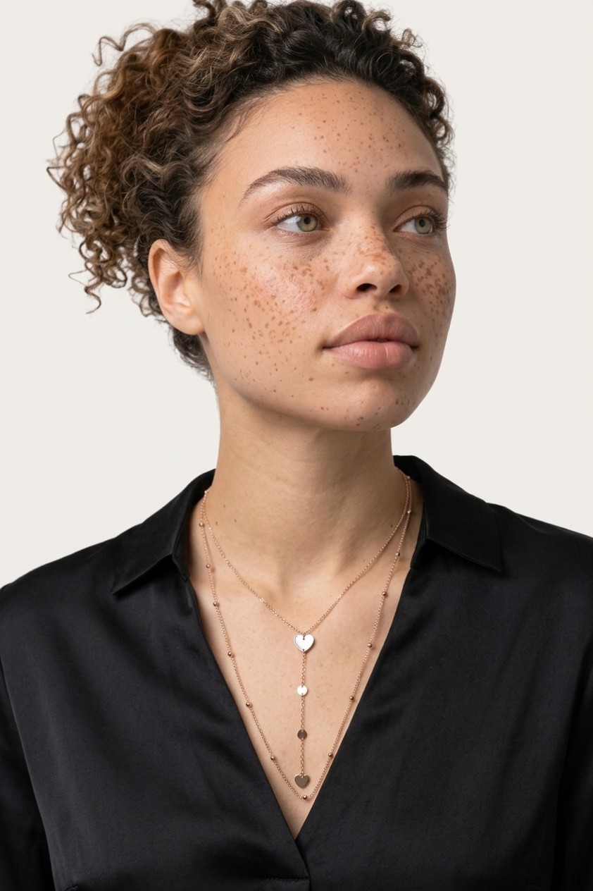 Gold Tone Layered Multi-Strand Lariat Y-Drop Cable Chain Heart Charm Necklace