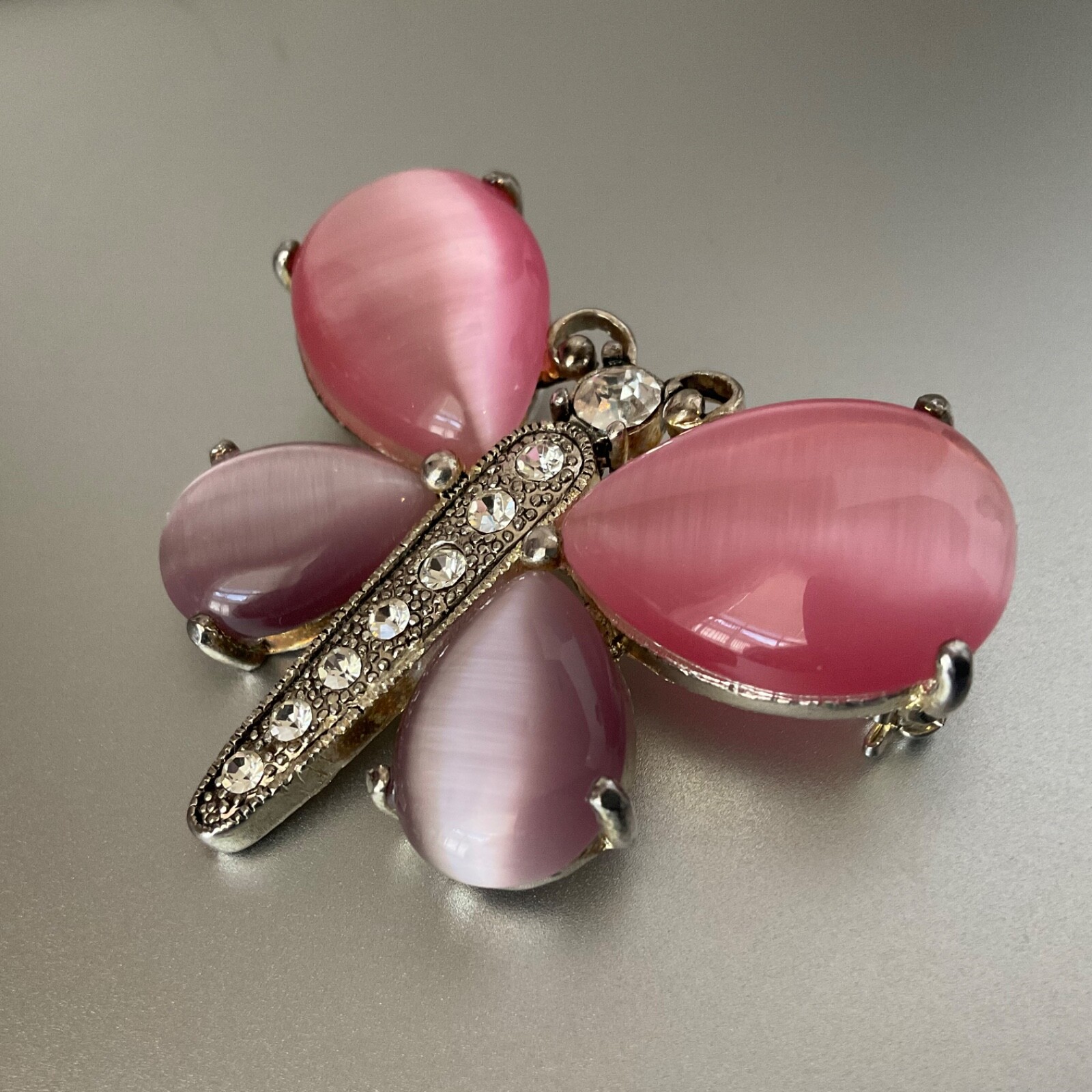 Butterfly Pair Silver Tone Rhinestones Moon Stone Cabochons 1 Signed AAI Vintage