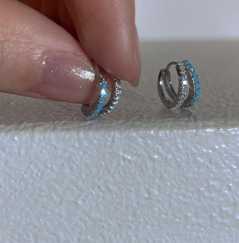 Women 925 Sterling Silver Post Turquoise Decor CZ Huggie Hoop Snap Earrings A28