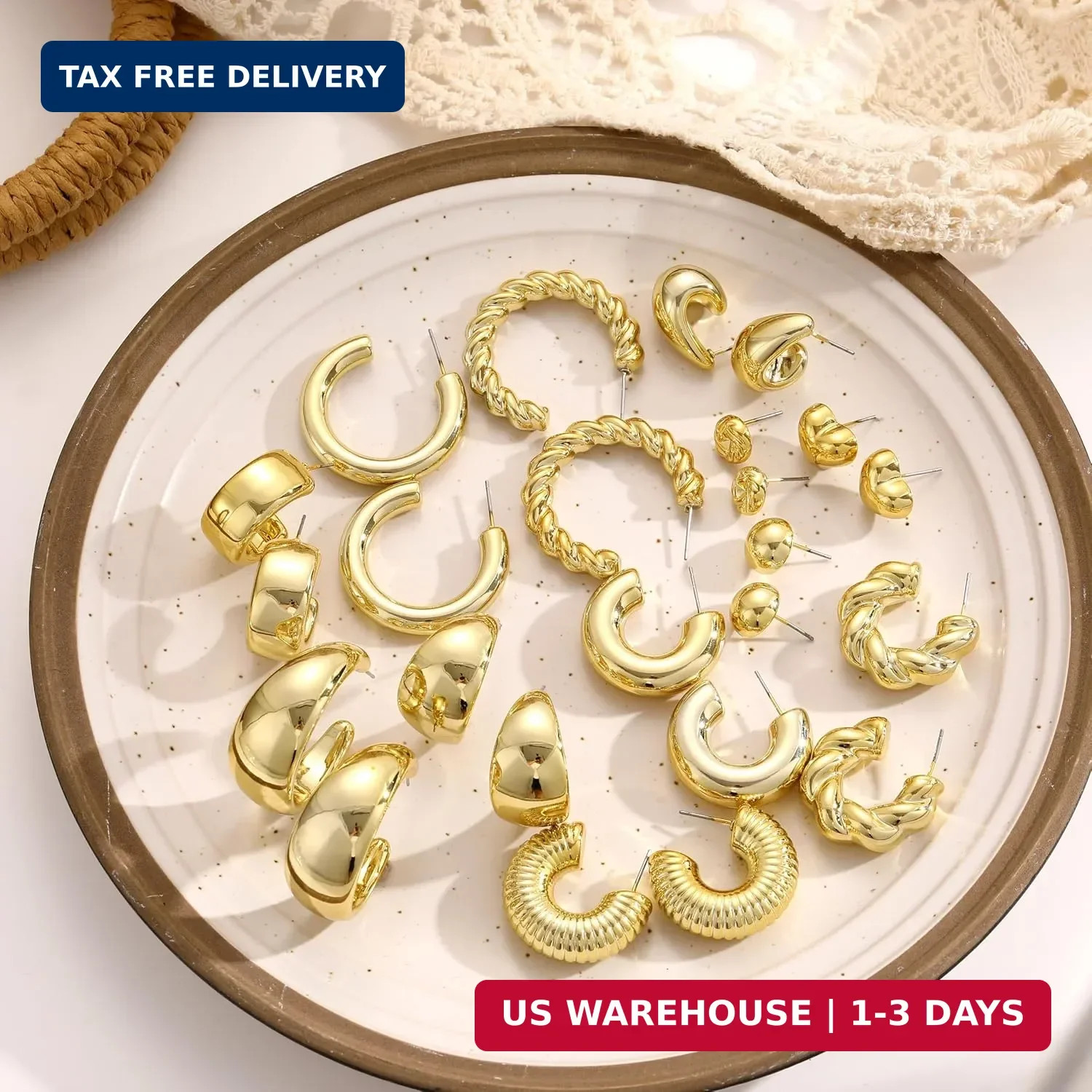 12 Pairs Chunky Gold Hoop Earrings for Women Trendy, Gold Plated Lightweight Hyp