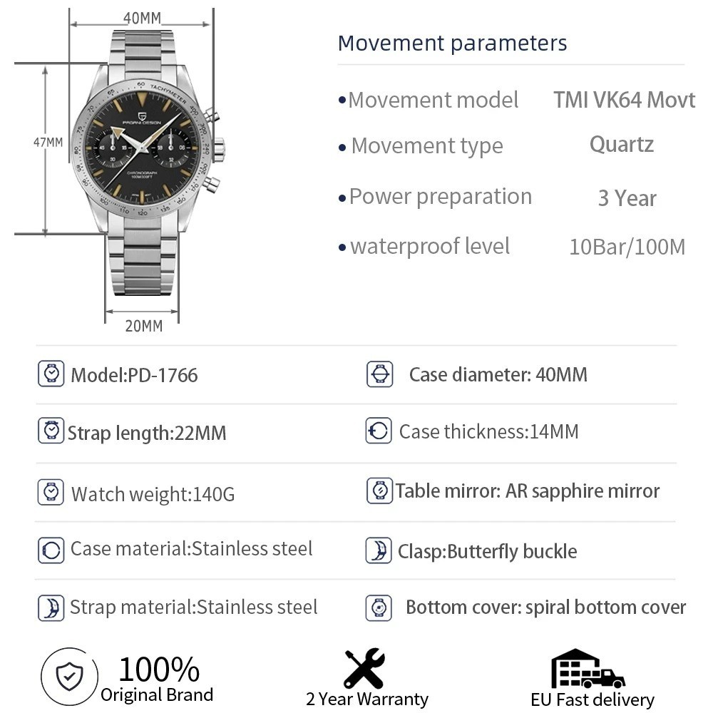 LUXURY PAGANI DESIGN VK64 Moon Quartz Watch Men Retro Speed Chronograph Sapphire