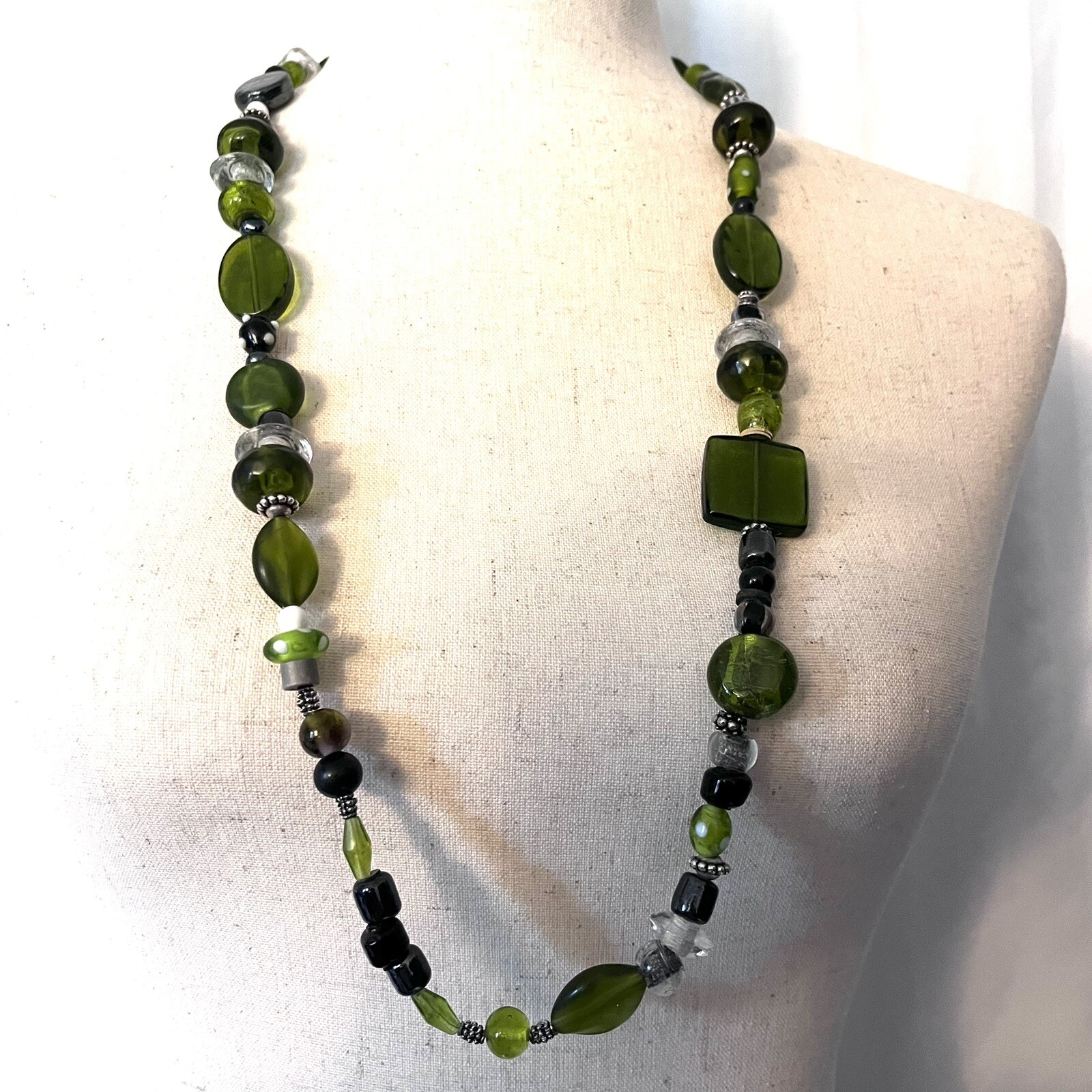 Vintage Glass Bead Chunky Necklace Green Black Stone 36” Silver Clasp Marked 925