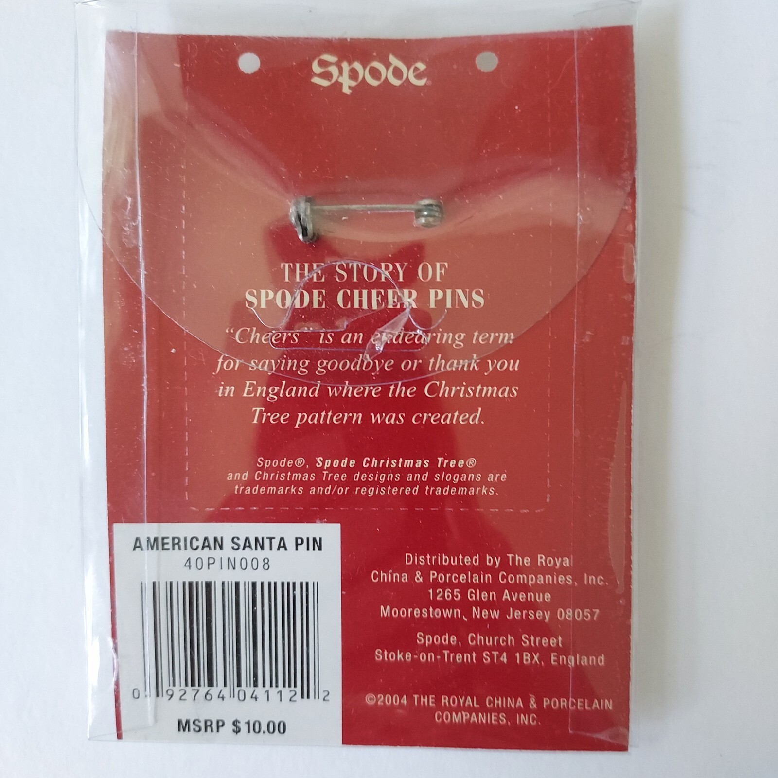 VTG Spode Brooch Santa Cheer Pin NOS In Pkg Ceramic 2″ American Santa Gift Bag