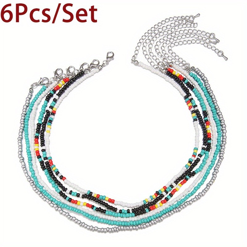 6Pcs Colorful Seed Bead Choker Necklaces Bohemian Layer Collar Accessory Set
