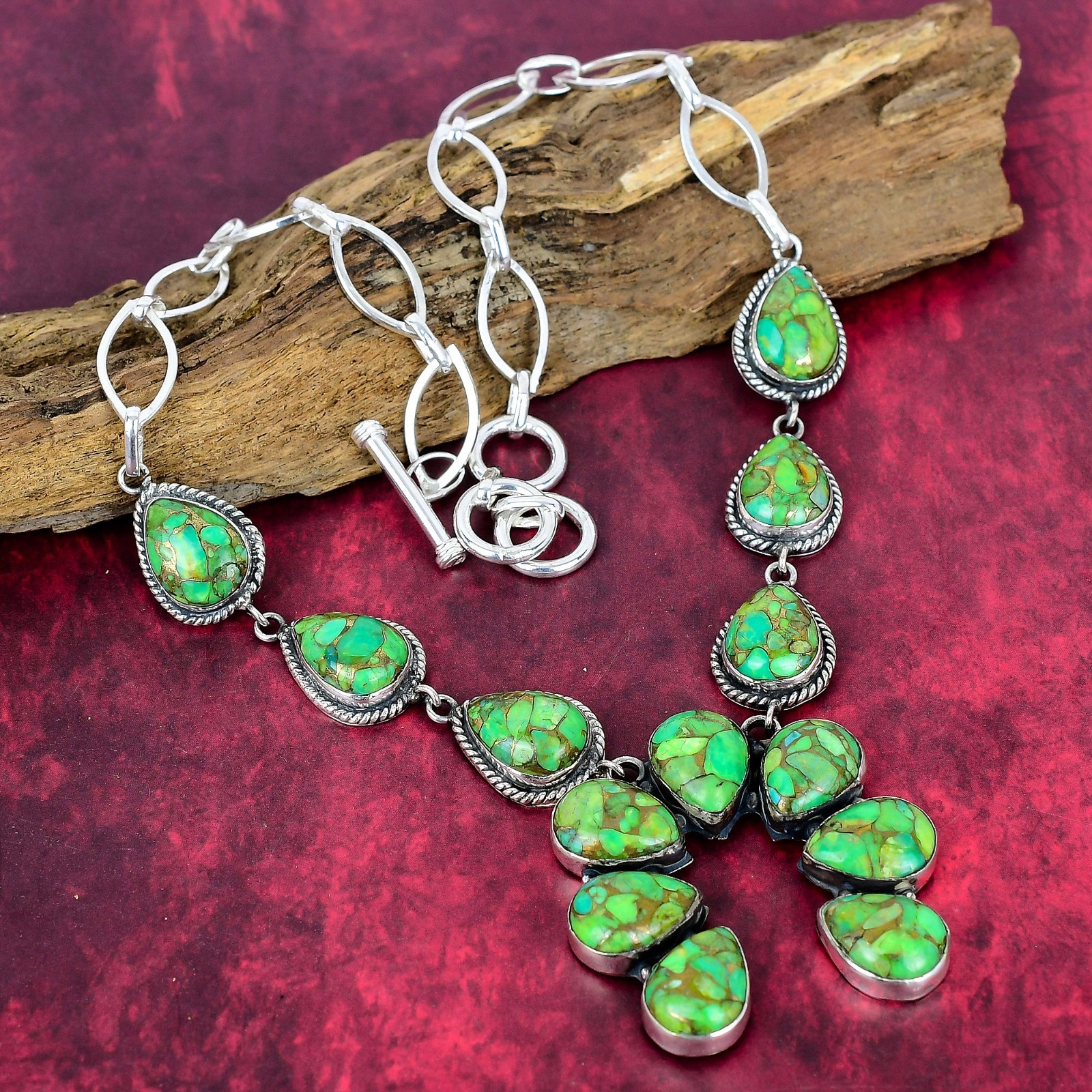 Green Copper Turquoise Gemstone Handmade 925 Solid Silver Necklace Jewelry