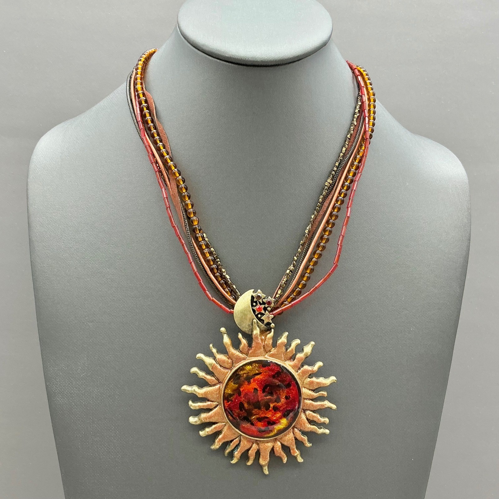 Chico’s Necklace Womens Gold Tone Sun Moon Celestial Multi Strand Beaded 18″