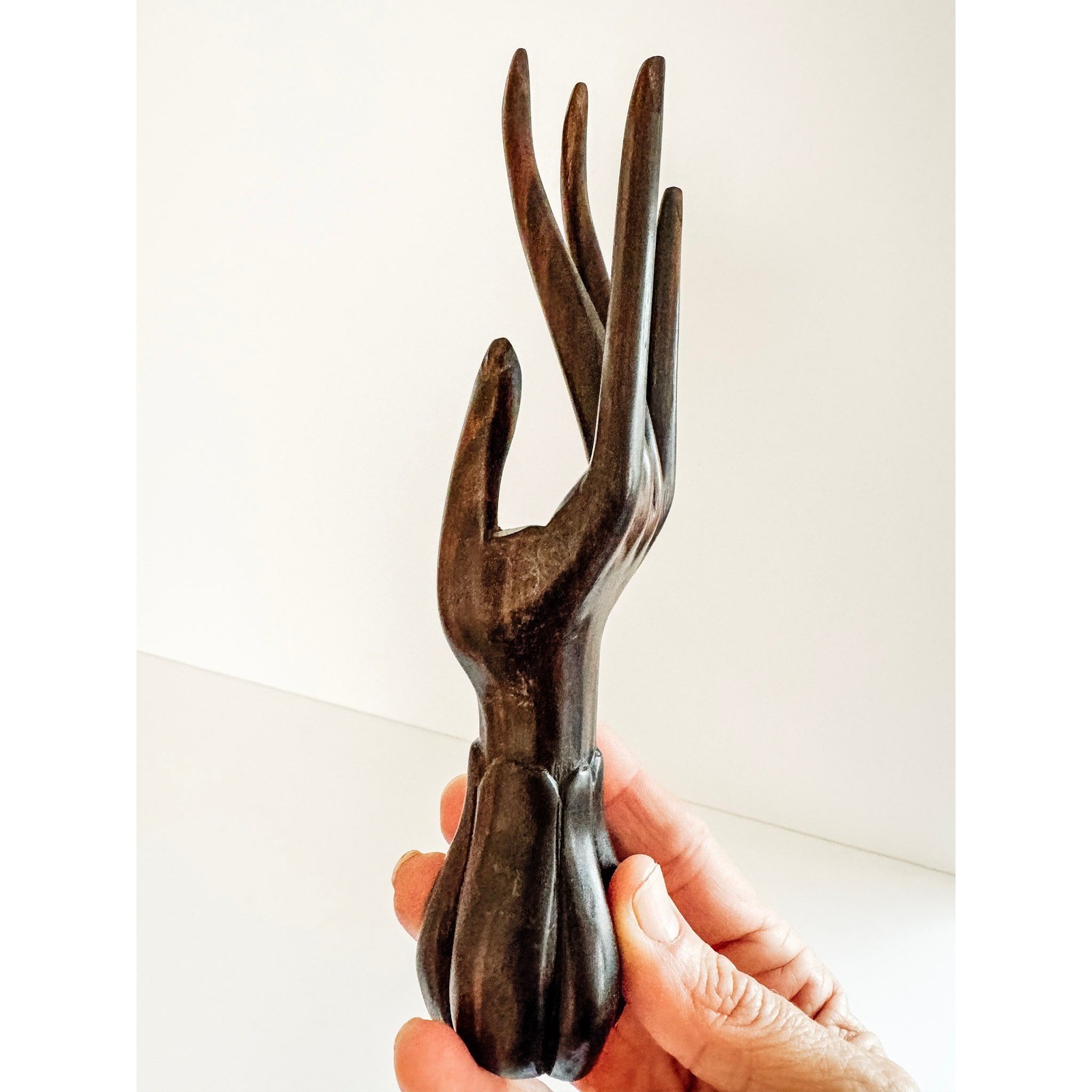 Vintage Hand Carved Wood Jewelry Display Stand Ring Holder Dark Brown 8 Inch