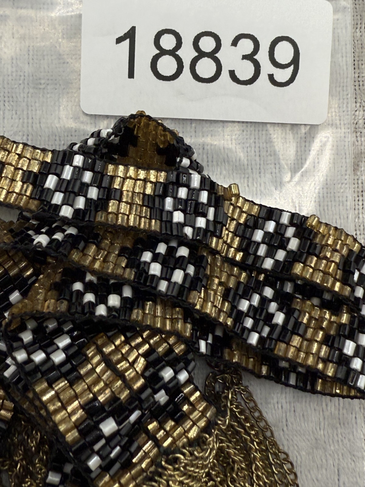 Vintage Southwestern Fringe Beaded Y Tassel Necklace Gold Black White Statement