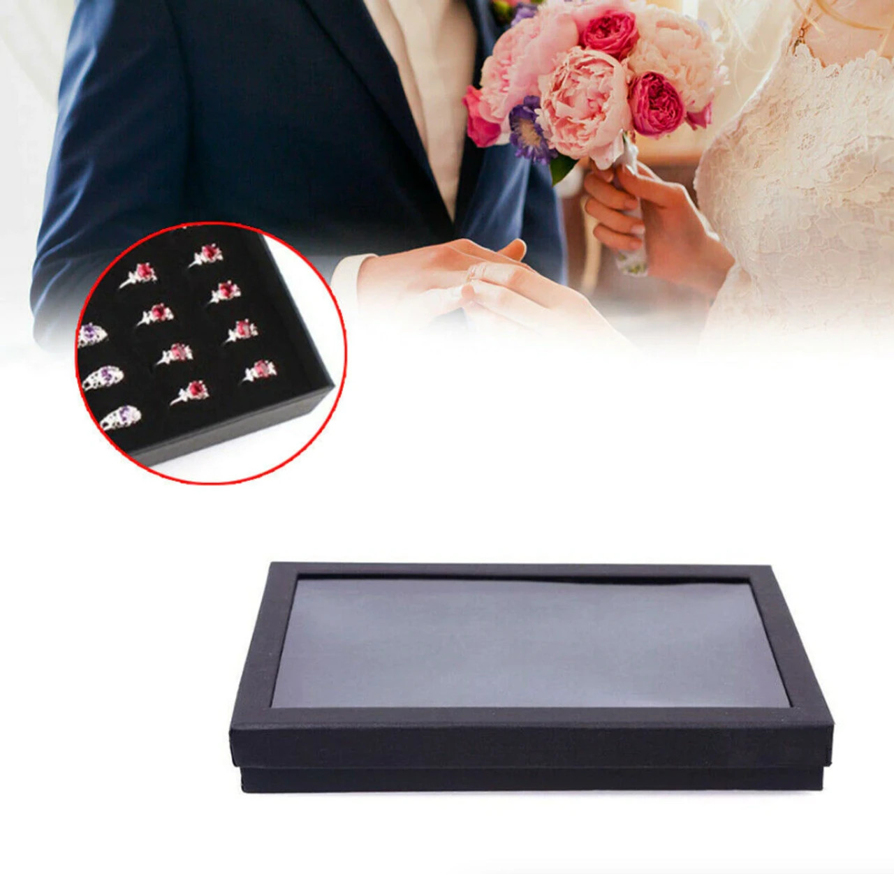 Jewelry Ring Display Organizer 100-Slots Tray Holder Earrings Black Box Case
