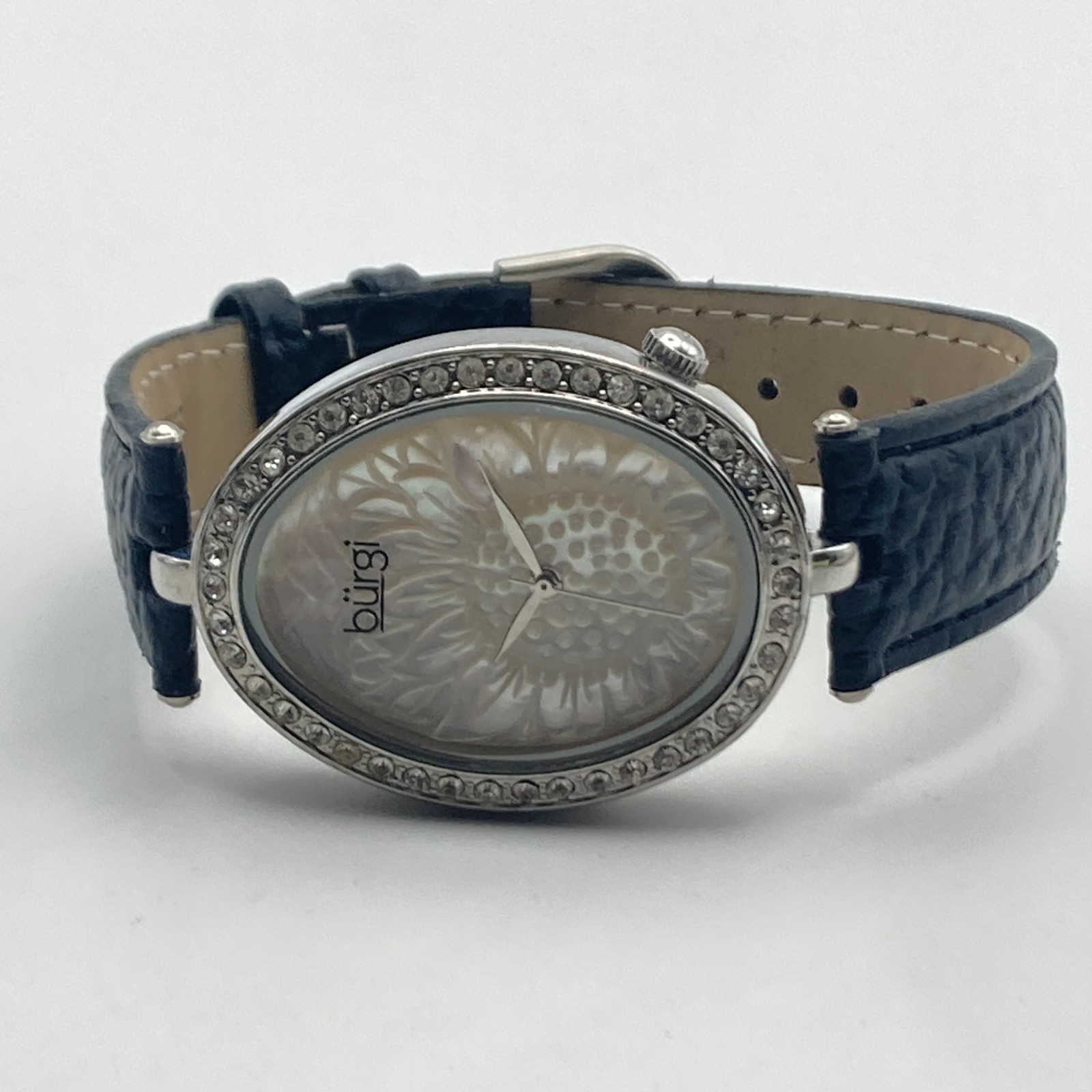 Burgi Women’s Watch Silver Tone Crystals Floral Dial 33mm Oval New Battery 8.75″