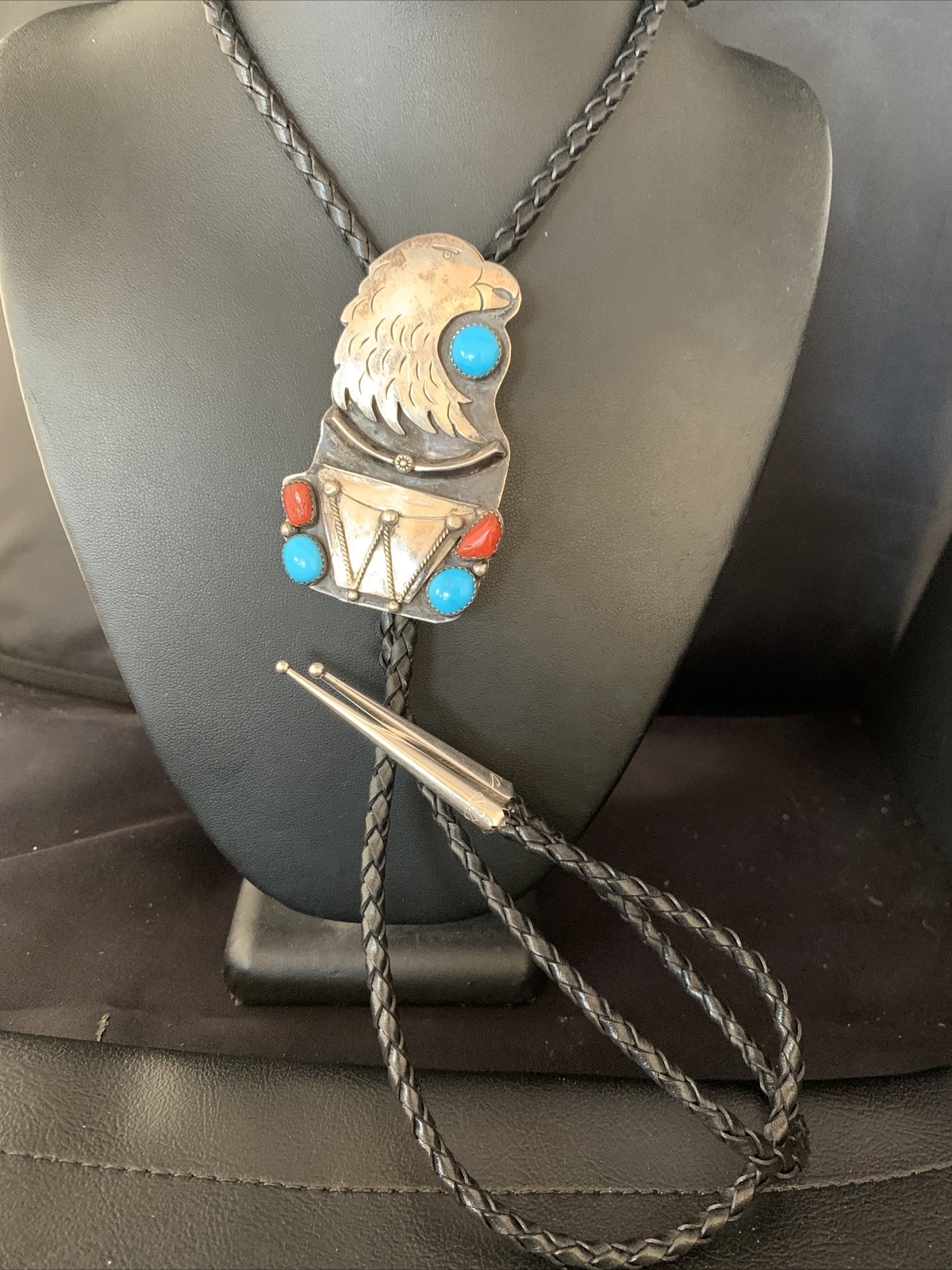 Eagle Head Bolo Tie Mens Blue Kingman Turquoise Coral Sterling Navajo 13670