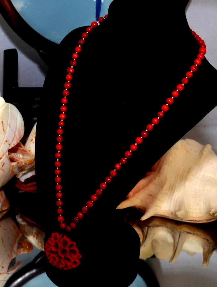 Beautiful coral necklace bamboo coral approx. 6 mm round and lacquered flowers approx. 46-51 cm