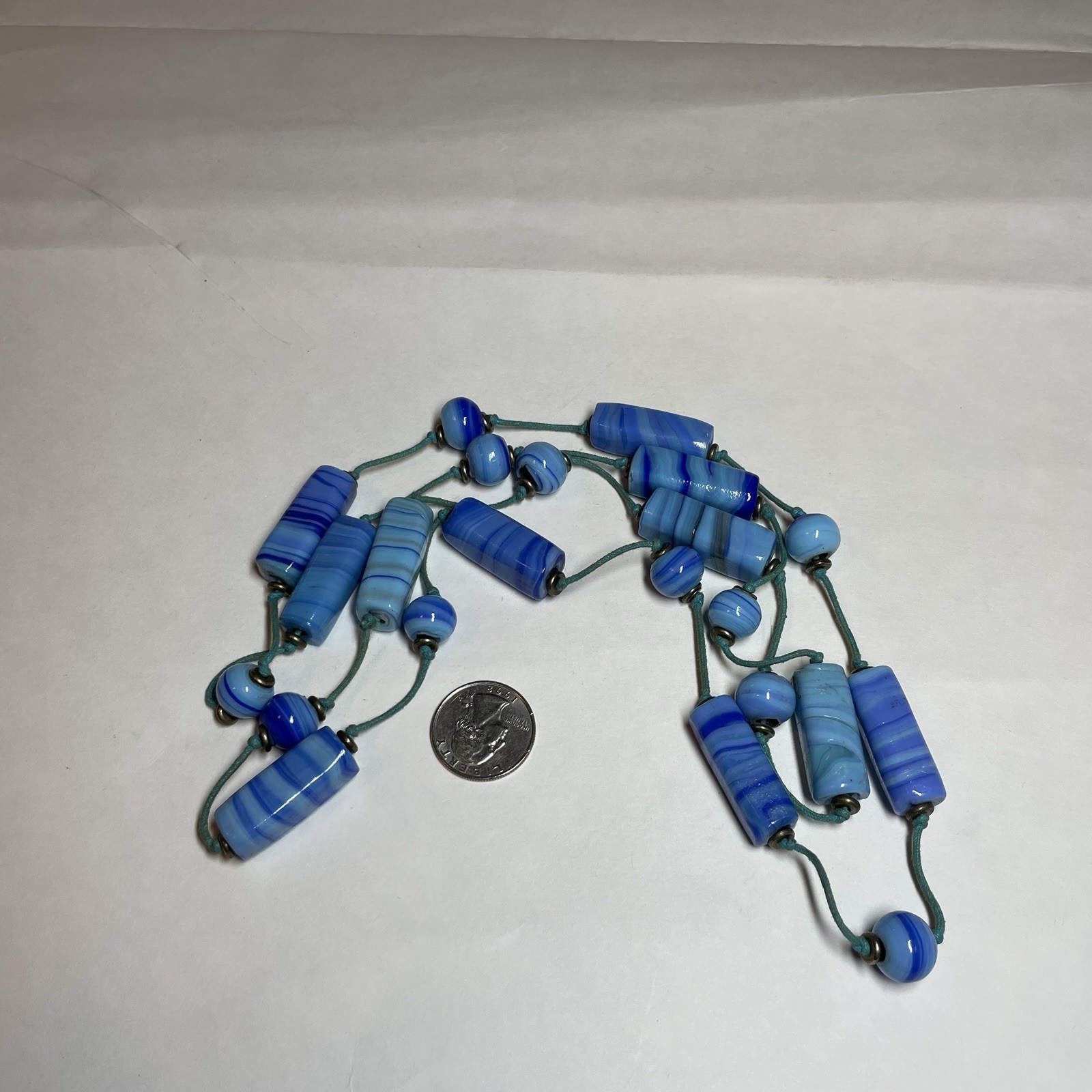 Vintage Handmade Artisan Light Blue & Navy Glass Bead Necklace – Approx 20″