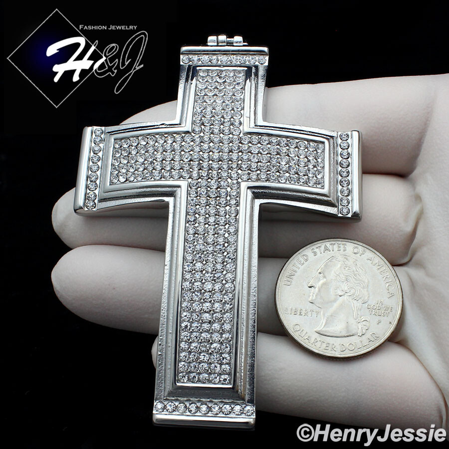 18-40″MEN Stainless Steel 5mm Silver Box Link Chain BIG ICY CZ Cross Pendant*I20
