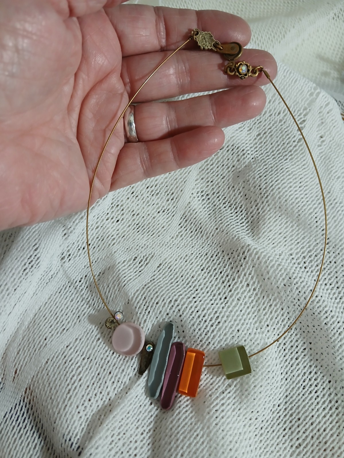 Vtg Brass Wire Choker Necklace Victorian Rev. Snap Clasp Geometric Shaped Rocks