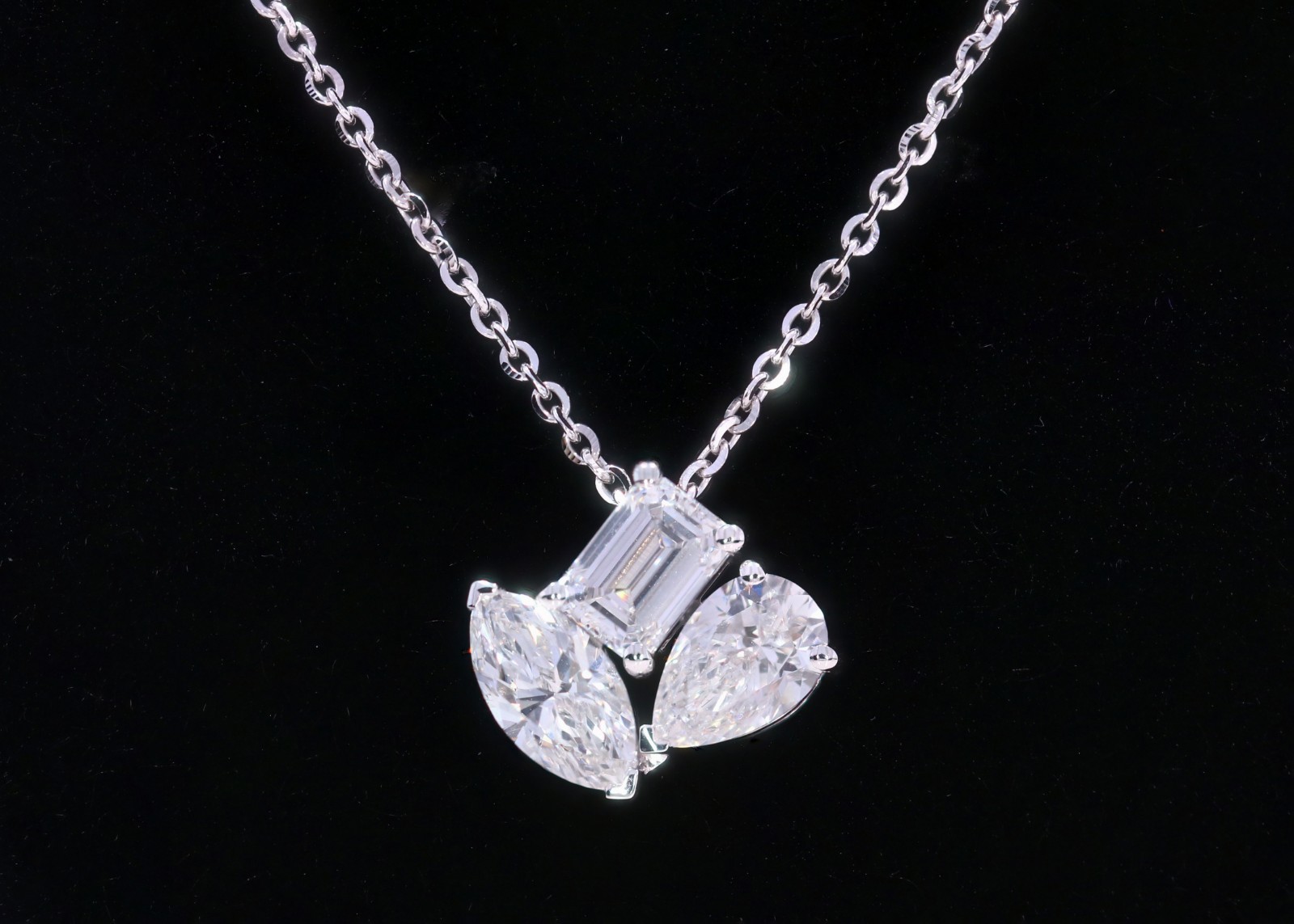 IGI Certified 3.00Ct Lab Grown Emerald Cut Diamond Necklace Three-Stone Pendant