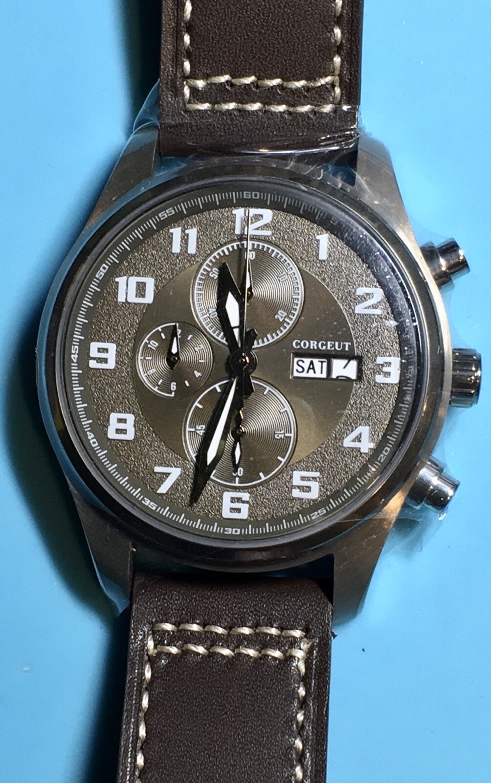 CORGEUT BRONZE DIAL CHRONO WATCH STAINLESS STEEL DAY DATE QUARTZ PILOT WATCH NEW