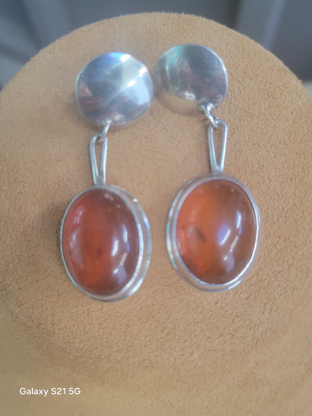 Susan Cummings 2″ Pierced Earrings Modern Silver & Amber McClure’s Nashville Tn