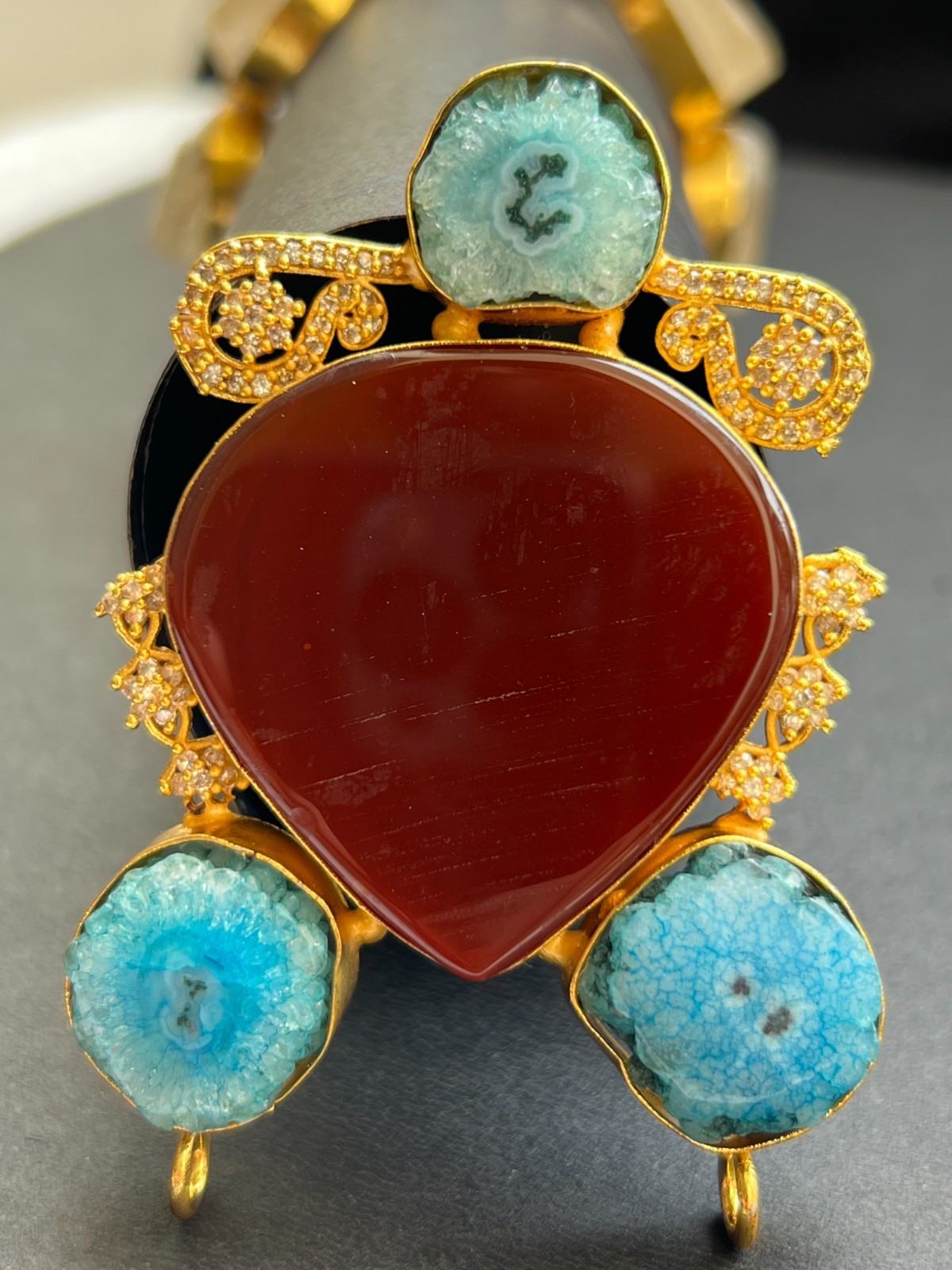Designer Pendant Red Agate & Blue Druzy | Gold Plated Luxury Statement Jewelry