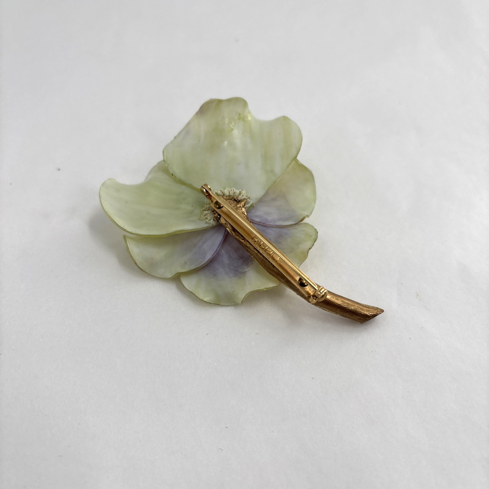 Vtg Fabrice Paris Brooch Translucent Pansy Flower Lucite Resin Gold Tone Stem