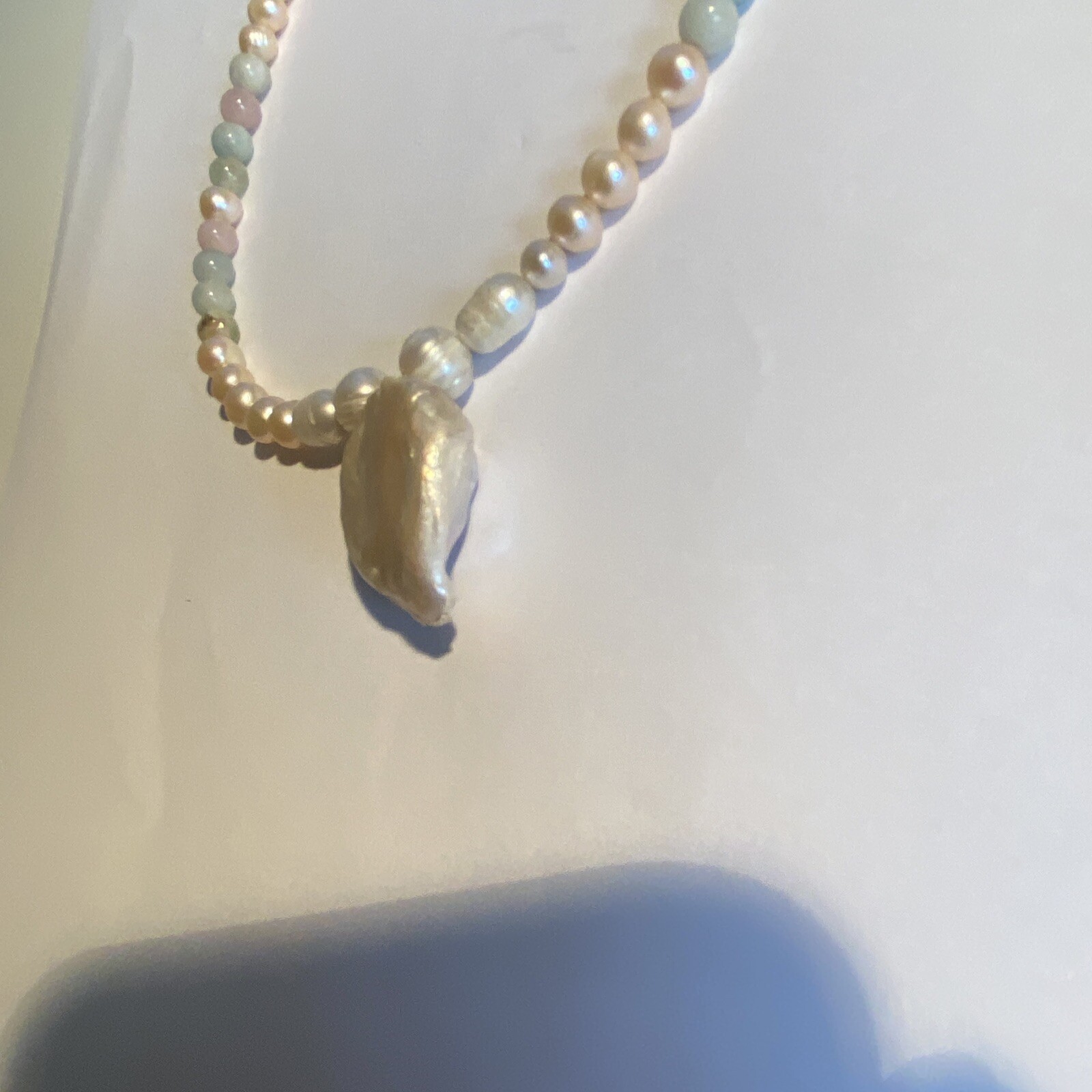 Freshwater Pearl Necklace with Big Pearl and Beryl and Rose Quartz