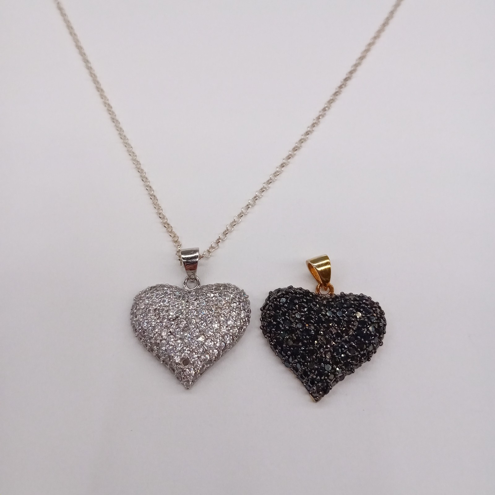 STERLING SILVER Pair of Silver & Black Diamante Heart Pendants Necklace