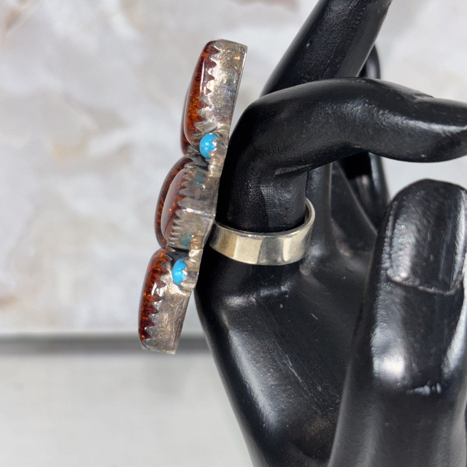 Artisan Statement Ring 925 Sterling Silver Turquoise And Amber Adjustable Size