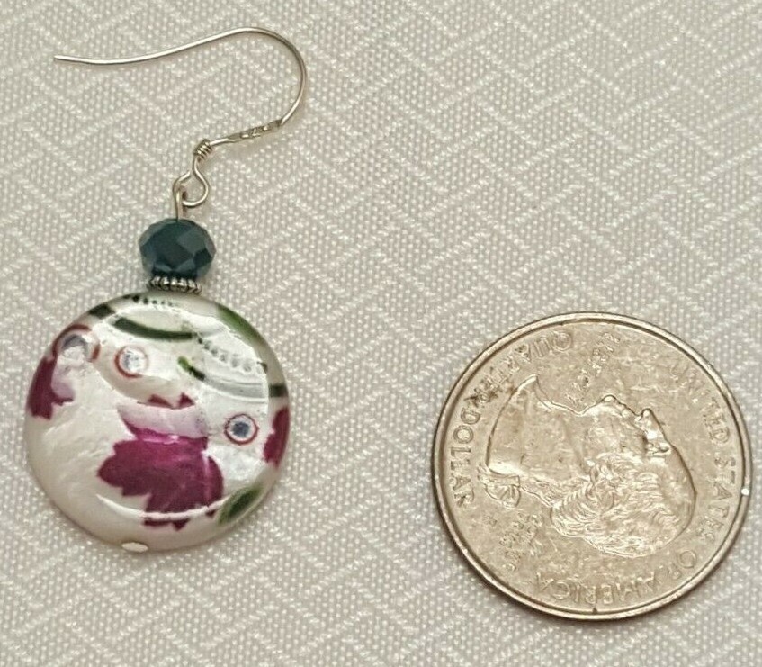 Handmade in USA. Beautiful painted Round Mother of Pearl earrings -FREE SHIPPING