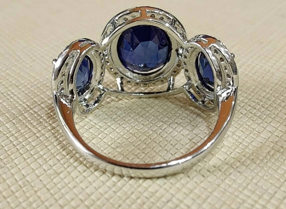 3.20Ct Oval Cut Blue Tanzanite Three Stone Engagement Ring 14K White Gold Finish
