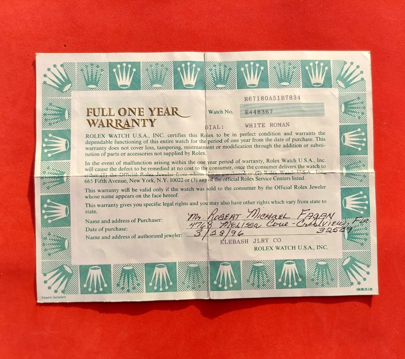 ROLEX 67180 Warranty Certificate Oyster Perpetual Guarantee 1996 E Serial 1990s