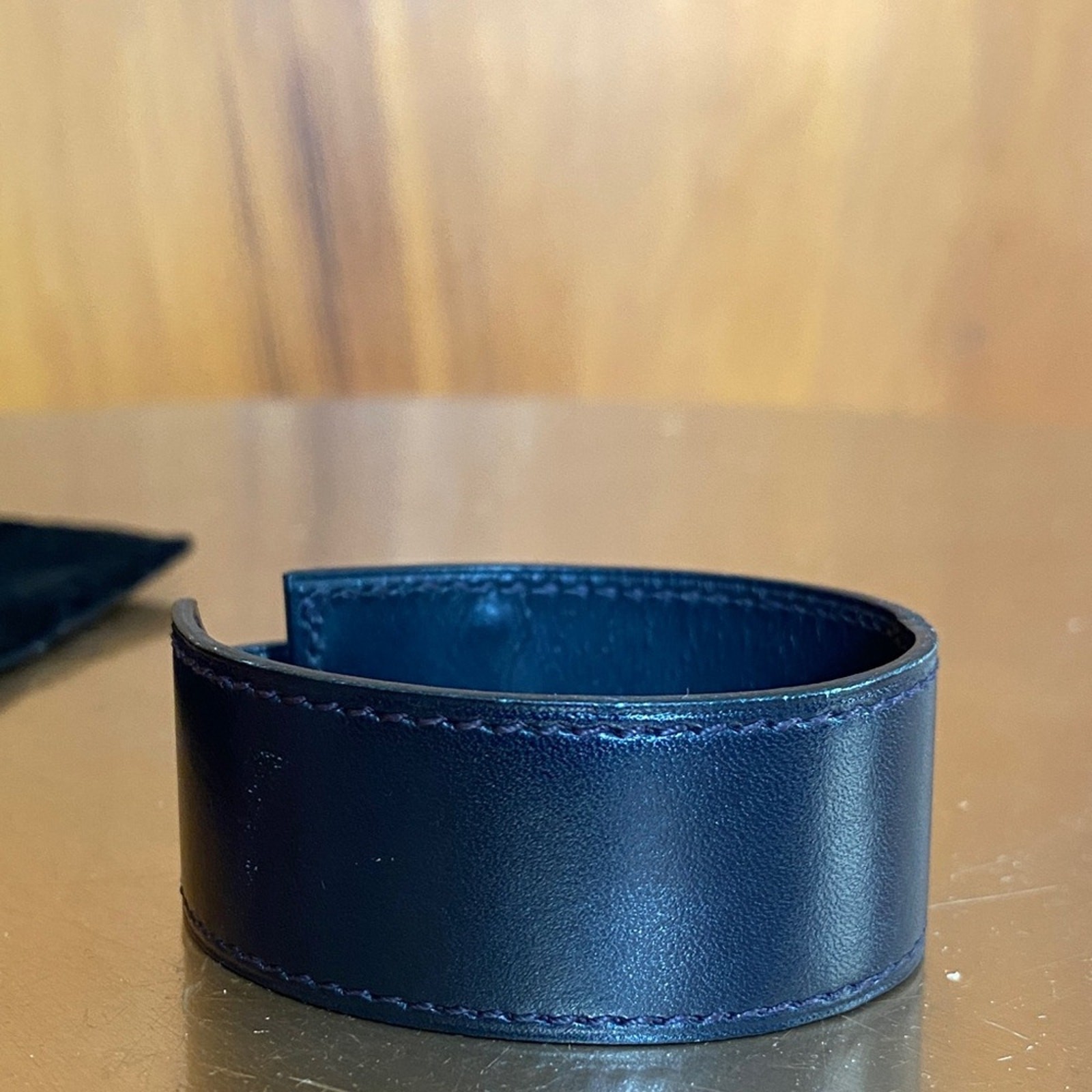 Hermes Navy Blue Leather Artemis 1” Bracelet Silver NWOT Classic Luxury Unisex