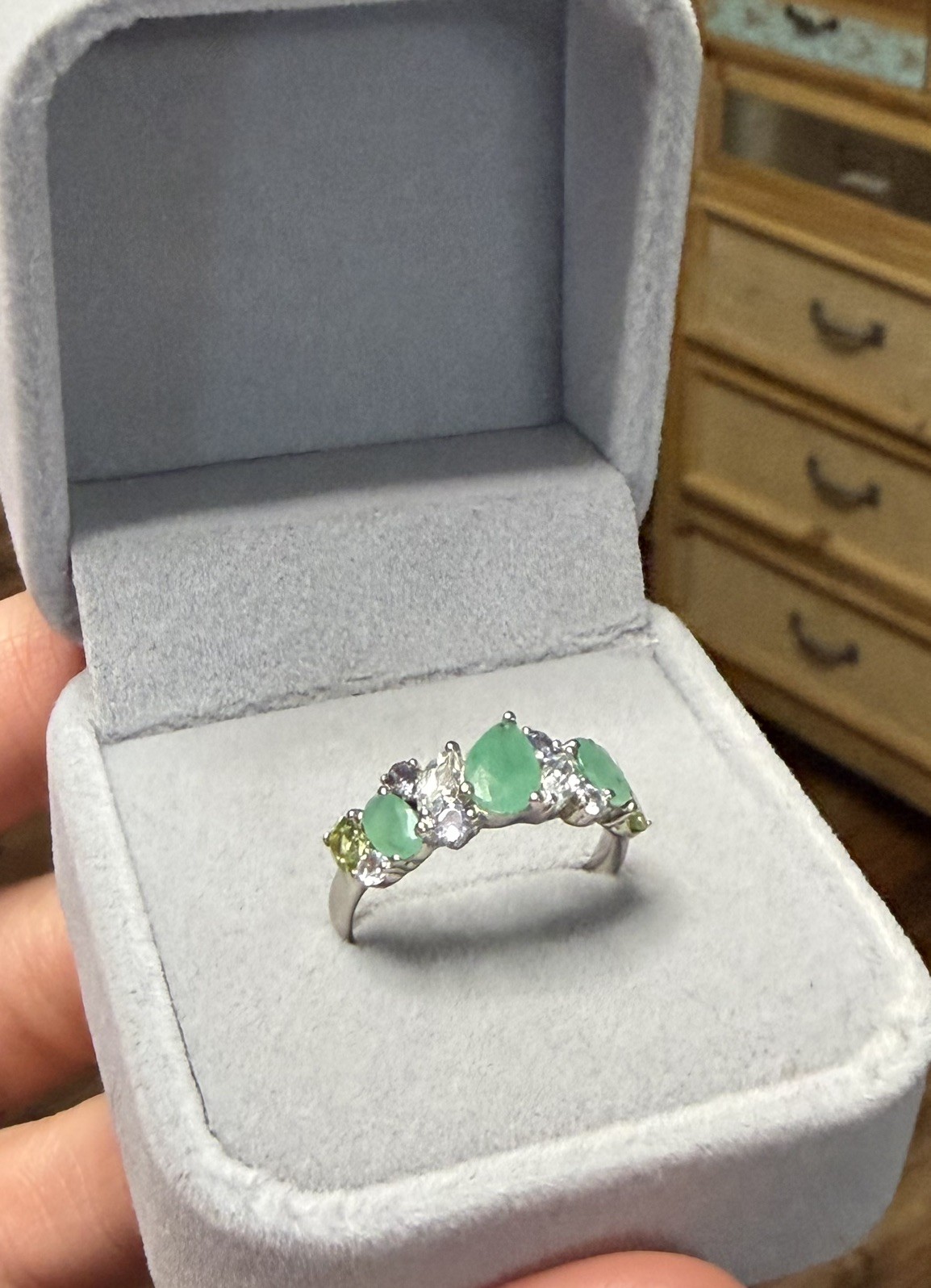 Unique! Natural Emerald, Tanzanite, Aquamarine & Peridot 14K Gold Ring Size 8