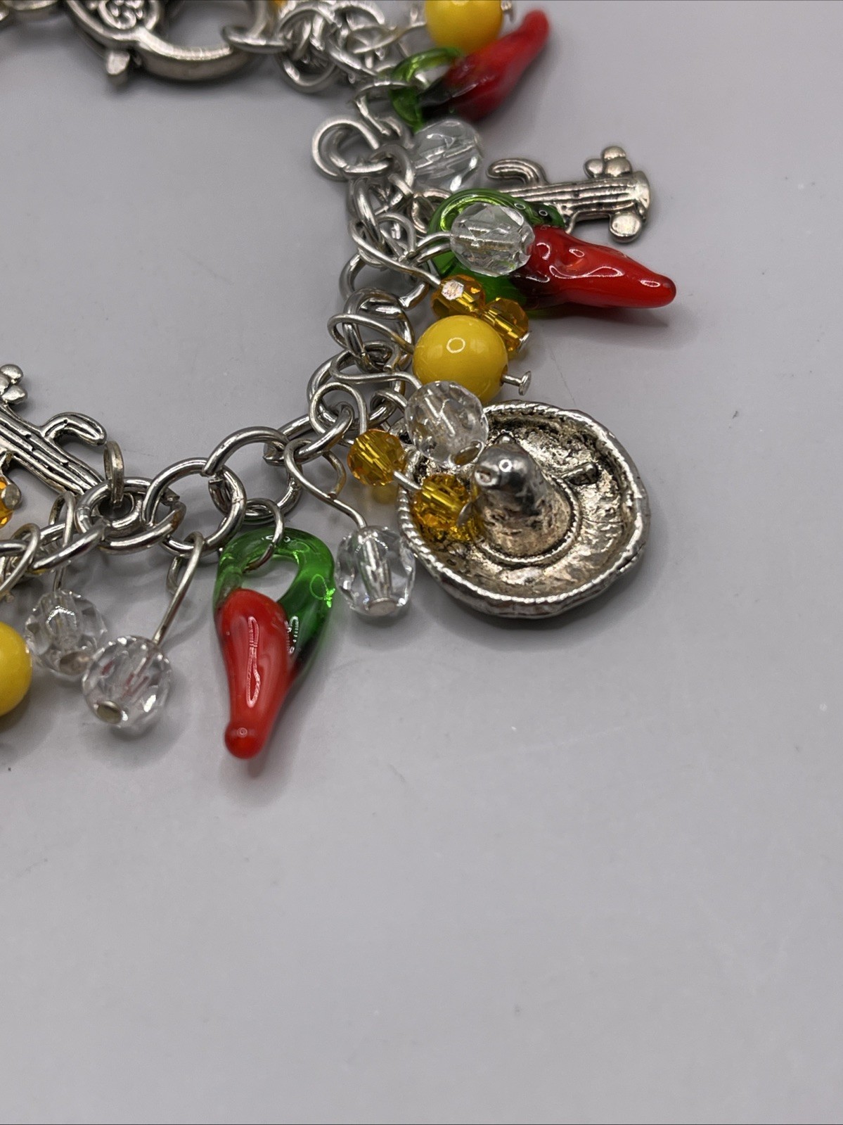 Charm Bracelet Jewelry Woman Glass Hot Papper Chili Cactus Sombrero Silver Tone