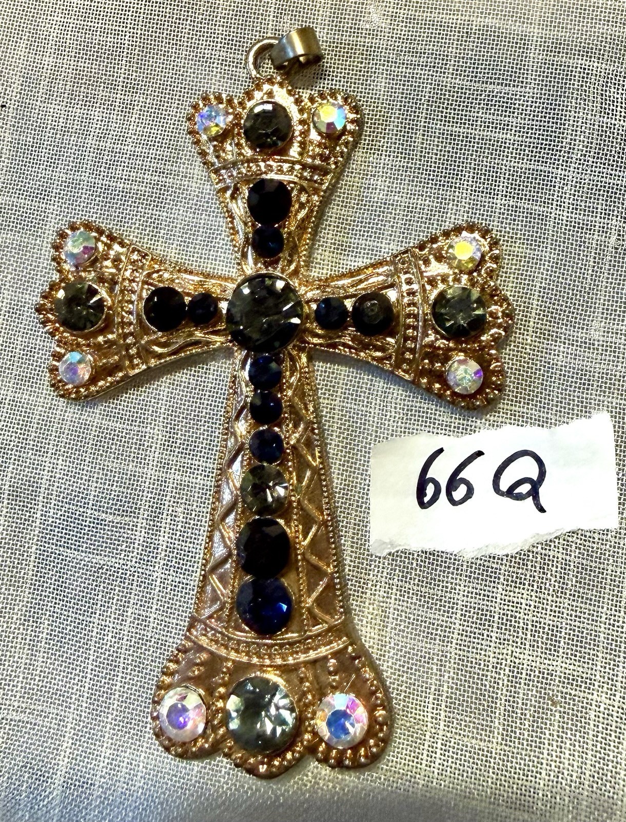 VTG.Large Gothic Cross Pendant Blue Gray Rhinestone Gold Tone Medieval Revival