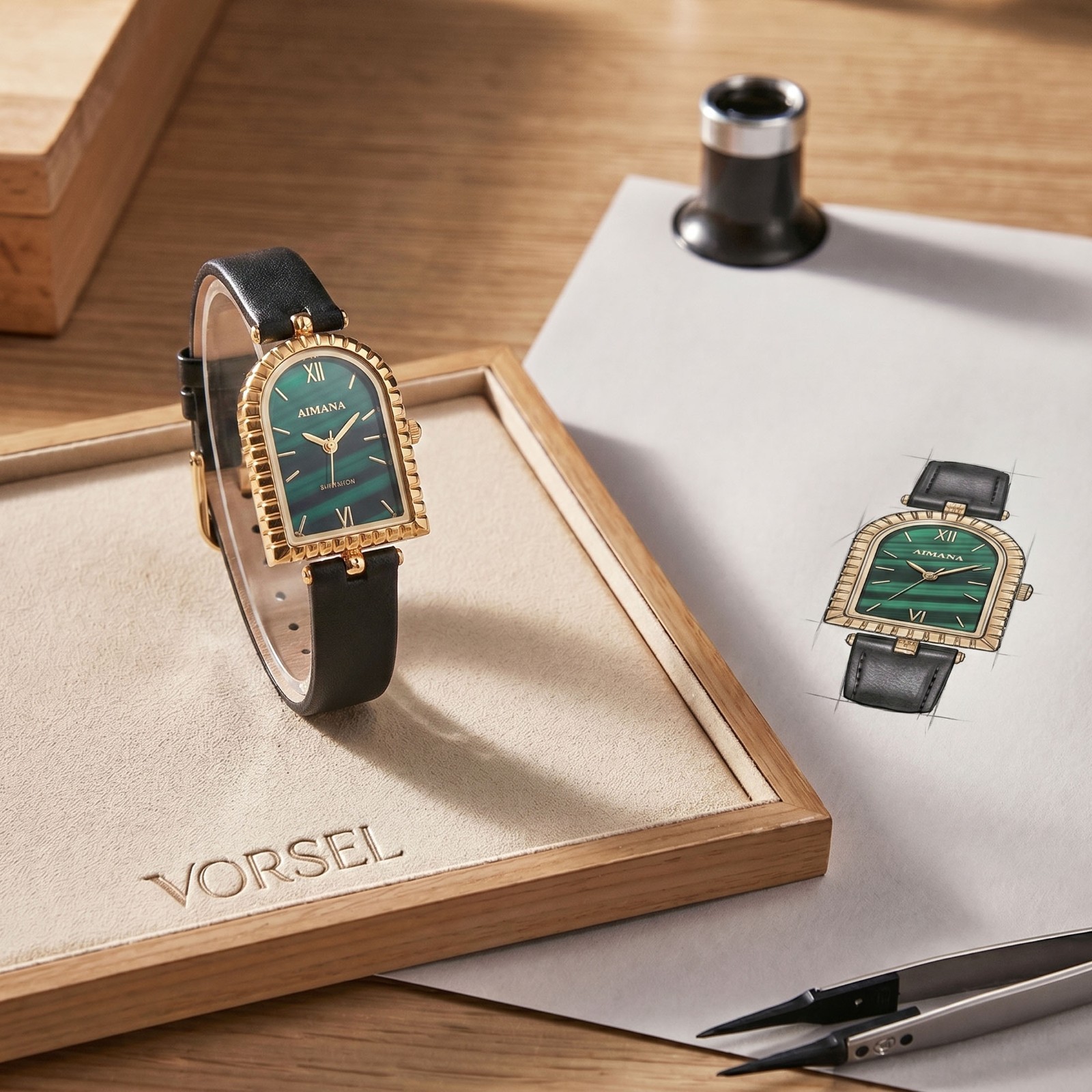 VORSEL Women’s Malachite Good Fortune Watch Arch Face Leather Strap Dress