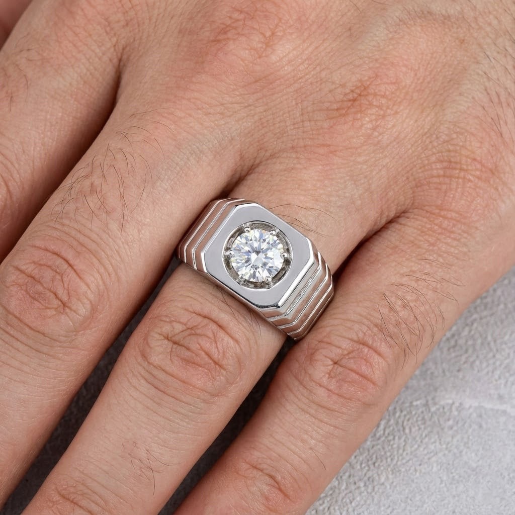 Solitaire Mens Ring Solid 14K White Gold 1.20 CT Round Lab-Grown Diamond H VS1