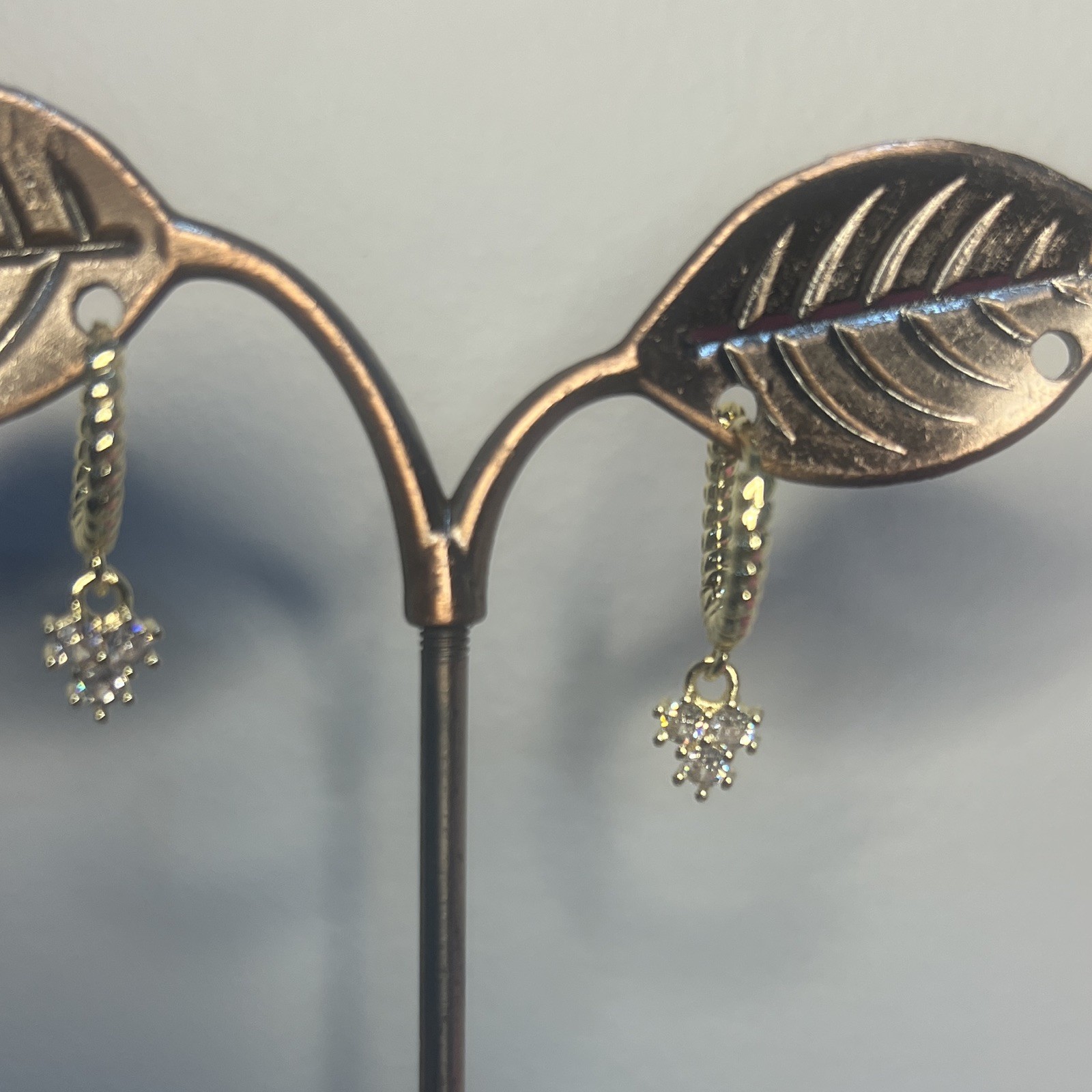 Gold Tone Leaf Hinged Huggie Hoop Latch Back Earrings Clear Crystal Dangle